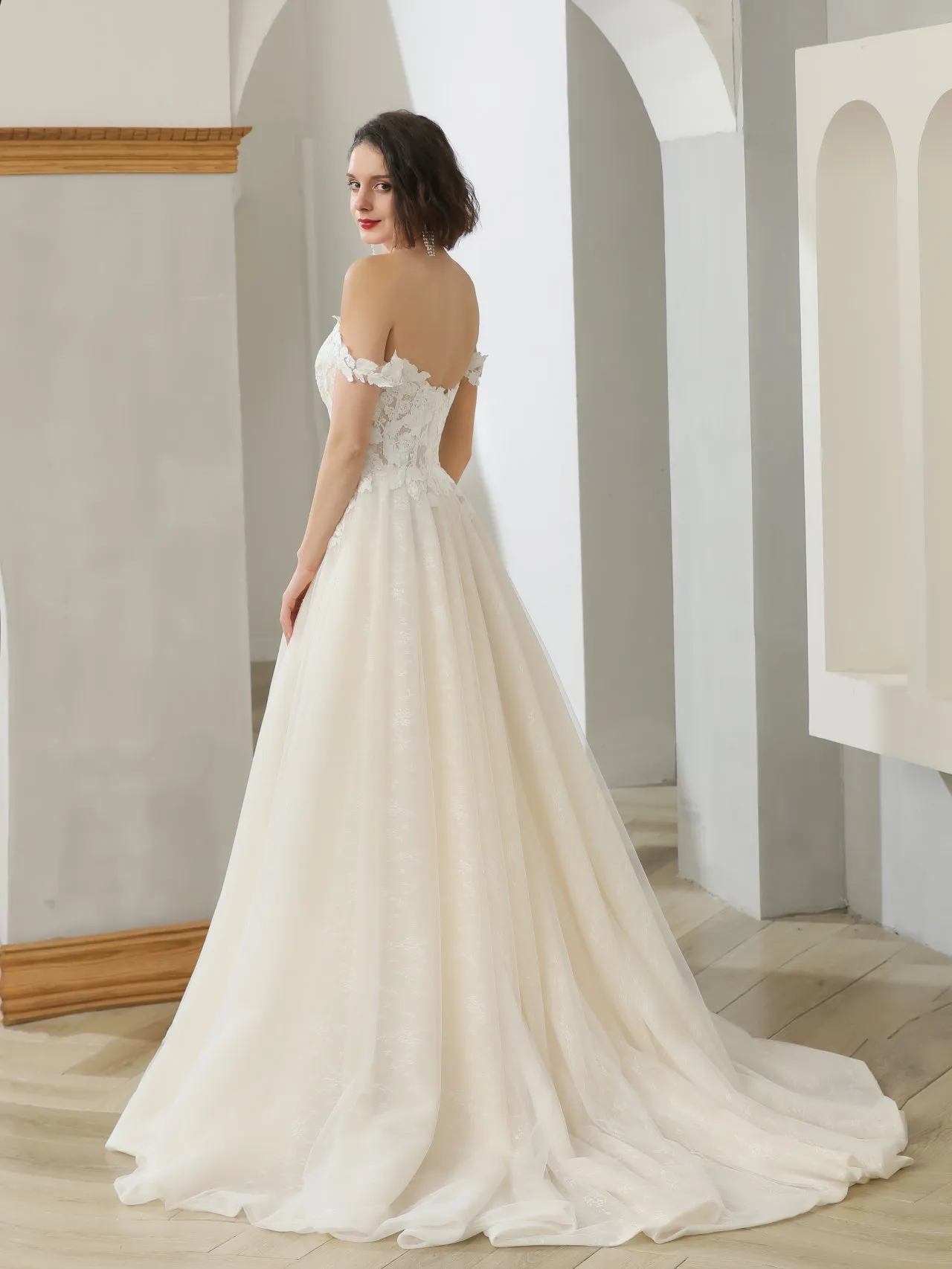 Off Shoulder Floral Lace 2 Tone A-Line Wedding Dress | Clarissa