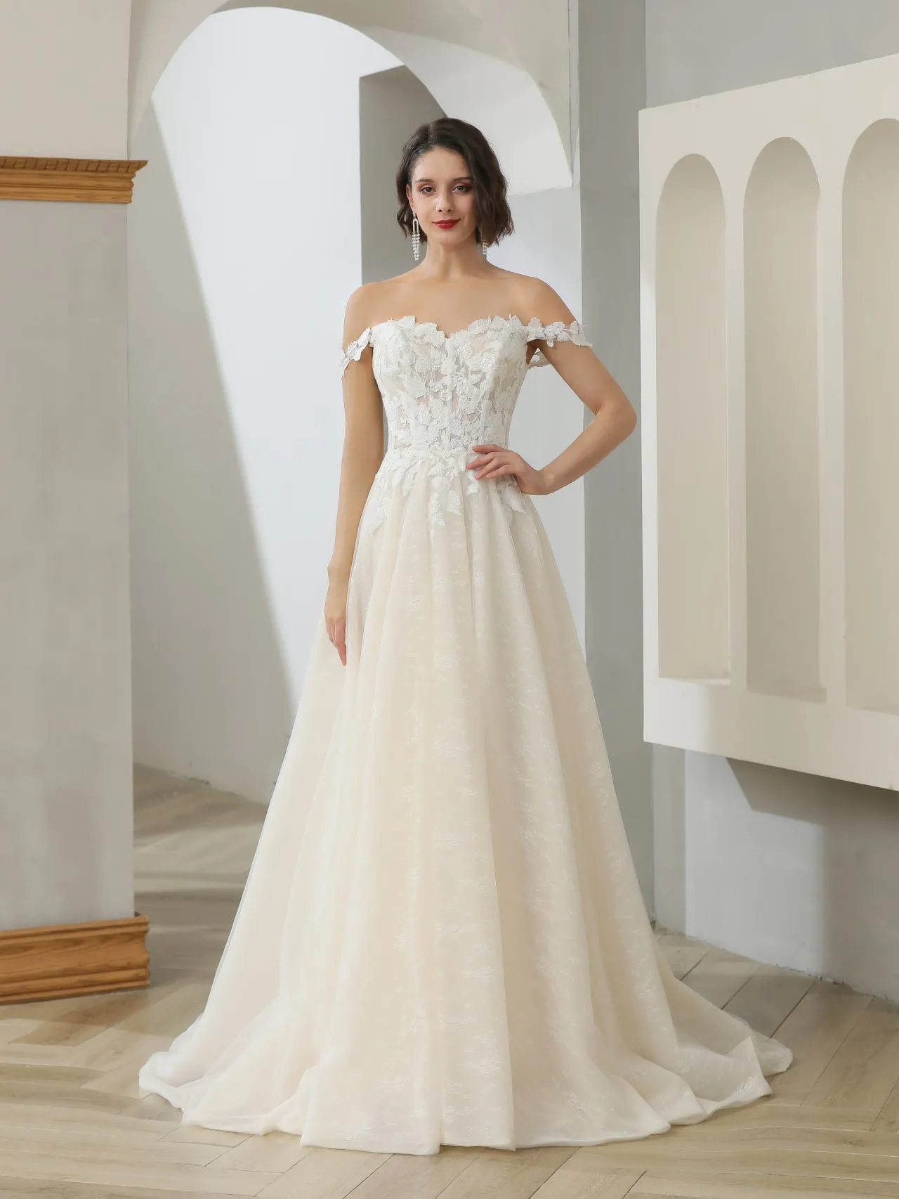 Off Shoulder Floral Lace 2 Tone A-Line Wedding Dress | Clarissa