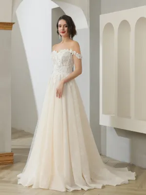 Off Shoulder Floral Lace 2 Tone A-Line Wedding Dress | Clarissa