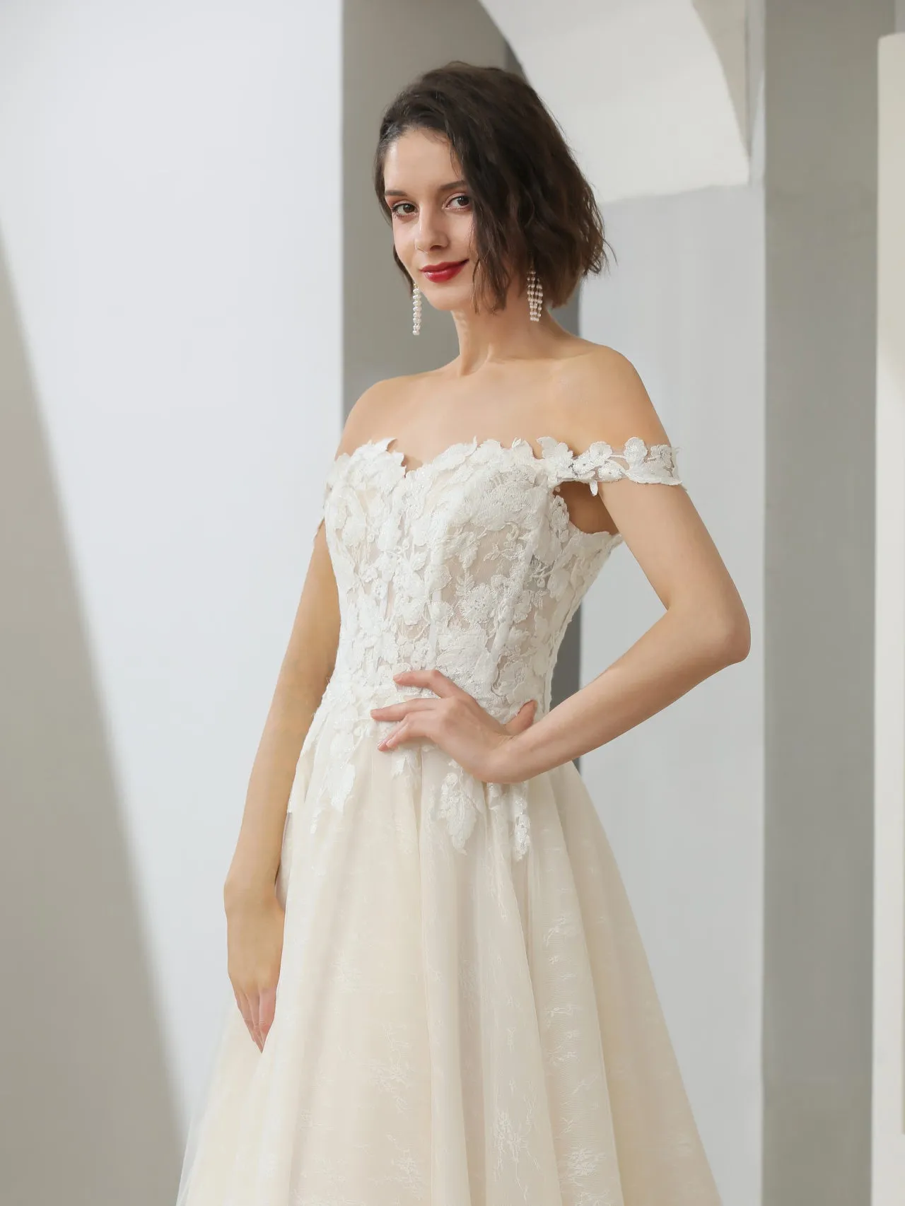 Off Shoulder Floral Lace 2 Tone A-Line Wedding Dress | Clarissa