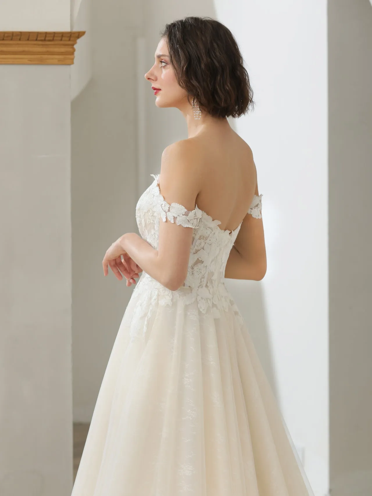 Off Shoulder Floral Lace 2 Tone A-Line Wedding Dress | Clarissa