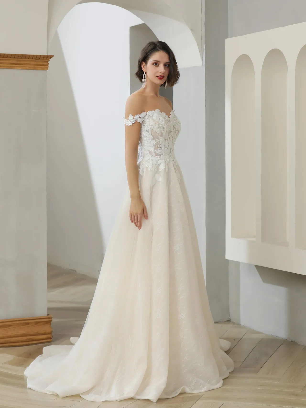 Off Shoulder Floral Lace 2 Tone A-Line Wedding Dress | Clarissa