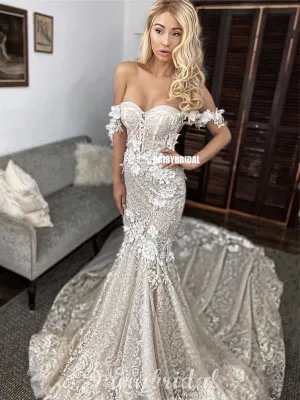 Off Shoulder Lace Mermaid Backless Sweetheart Wedding Dress, FC4686