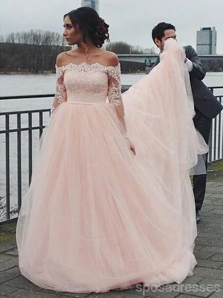 Off Shoulder Long Sleeve Pink A-line Wedding Dresses Online, WD344