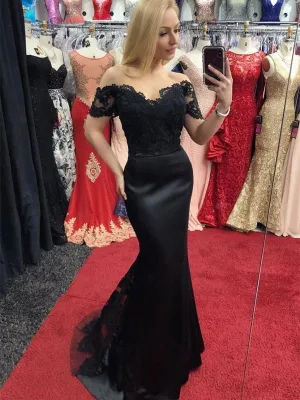 Off Shoulder Mermaid Lace Black Long Prom, Off Shoulder Black Lace Formal, Mermaid Black Lace Evening