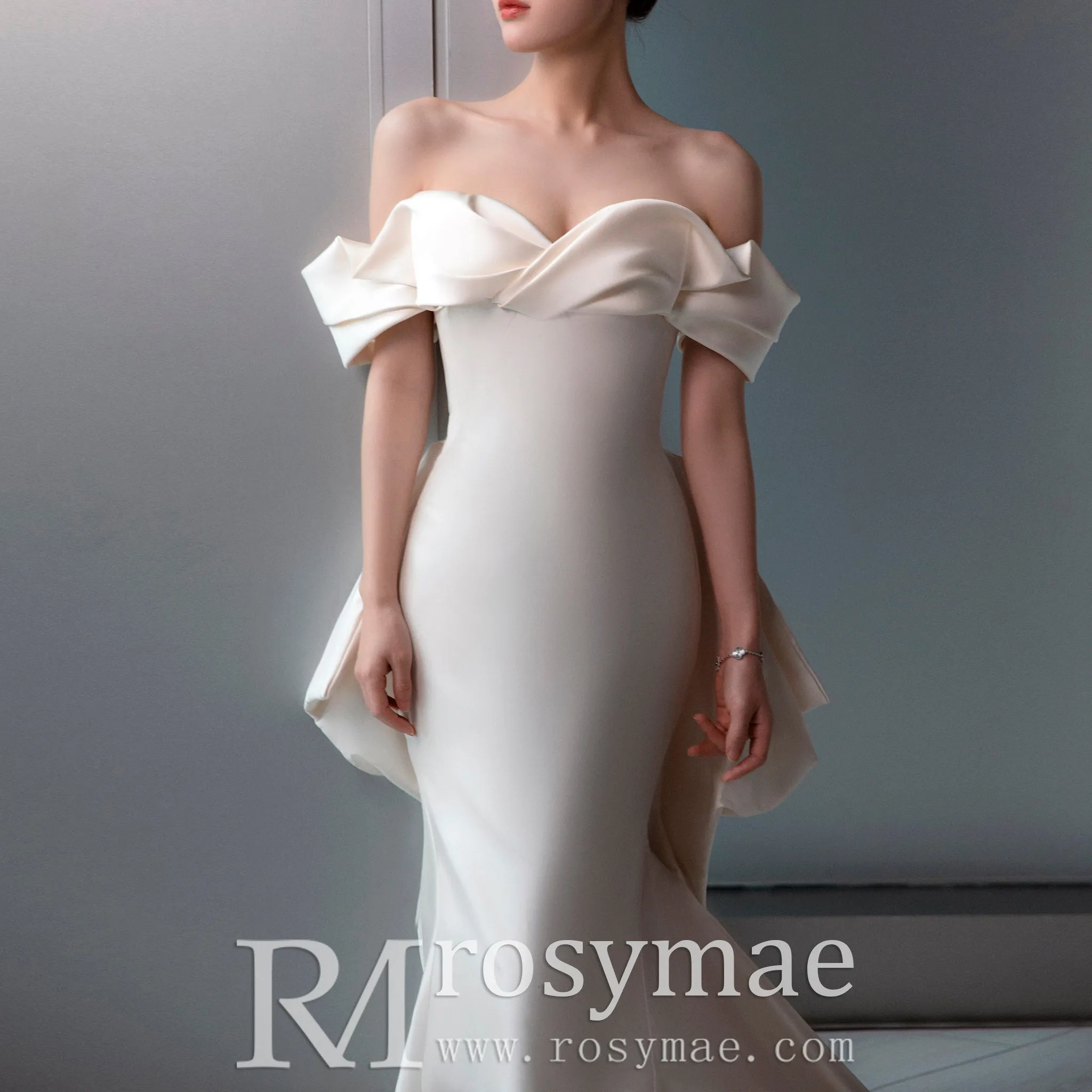 Off Shoulder Mermaid Wedding Dress with Long Bowknot