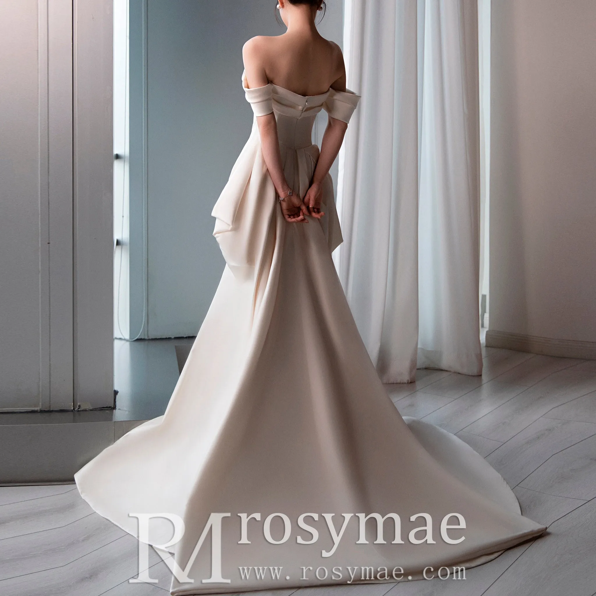 Off Shoulder Mermaid Wedding Dress with Long Bowknot