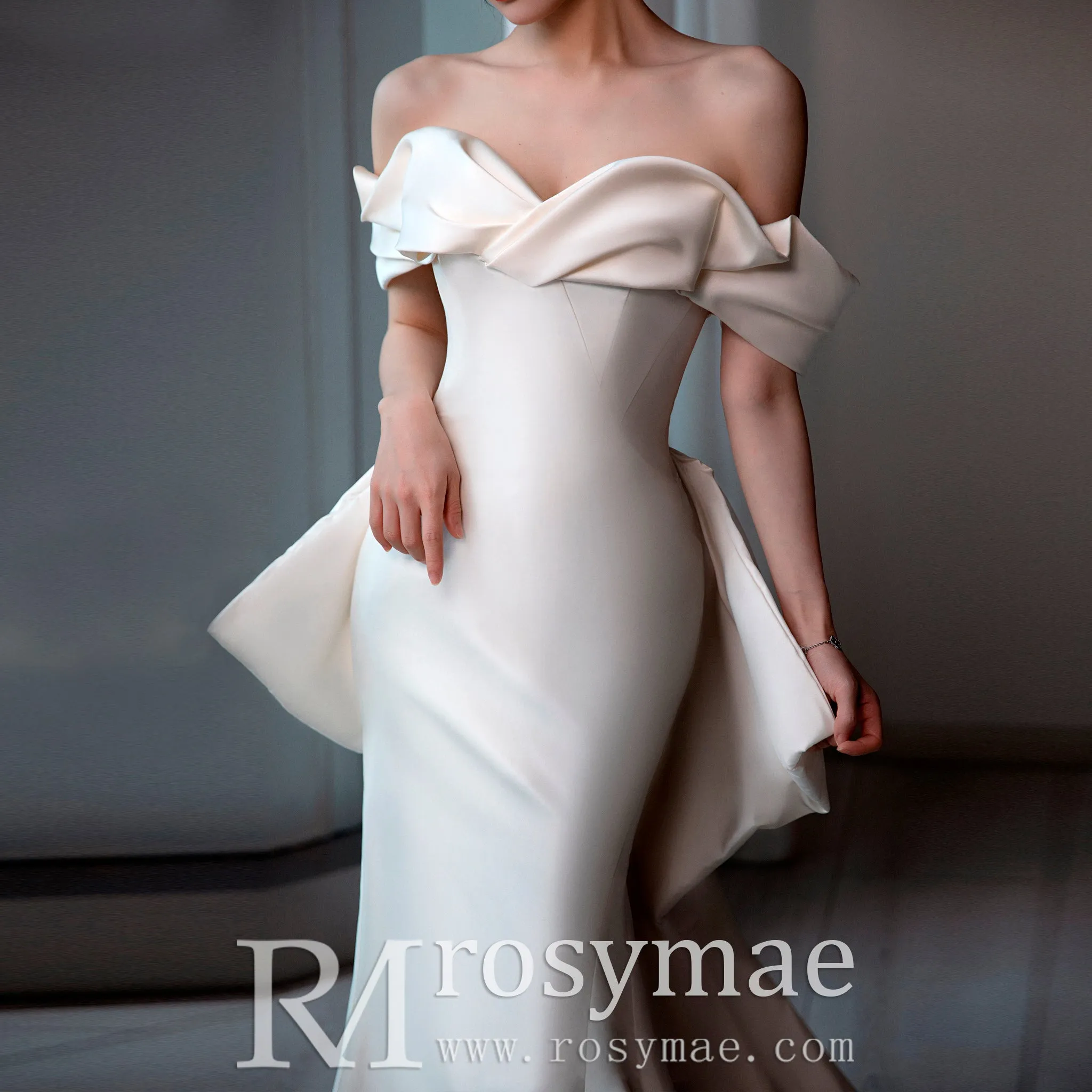 Off Shoulder Mermaid Wedding Dress with Long Bowknot