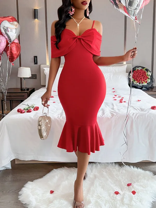 Off-Shoulder Midi Dress with Mermaid Hem and Bow Detail