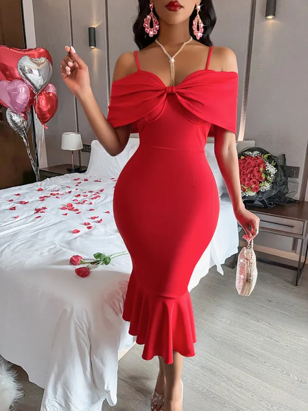 Off-Shoulder Midi Dress with Mermaid Hem and Bow Detail