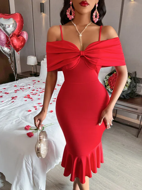 Off-Shoulder Midi Dress with Mermaid Hem and Bow Detail