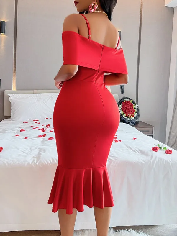 Off-Shoulder Midi Dress with Mermaid Hem and Bow Detail