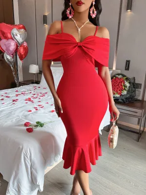 Off-Shoulder Midi Dress with Mermaid Hem and Bow Detail