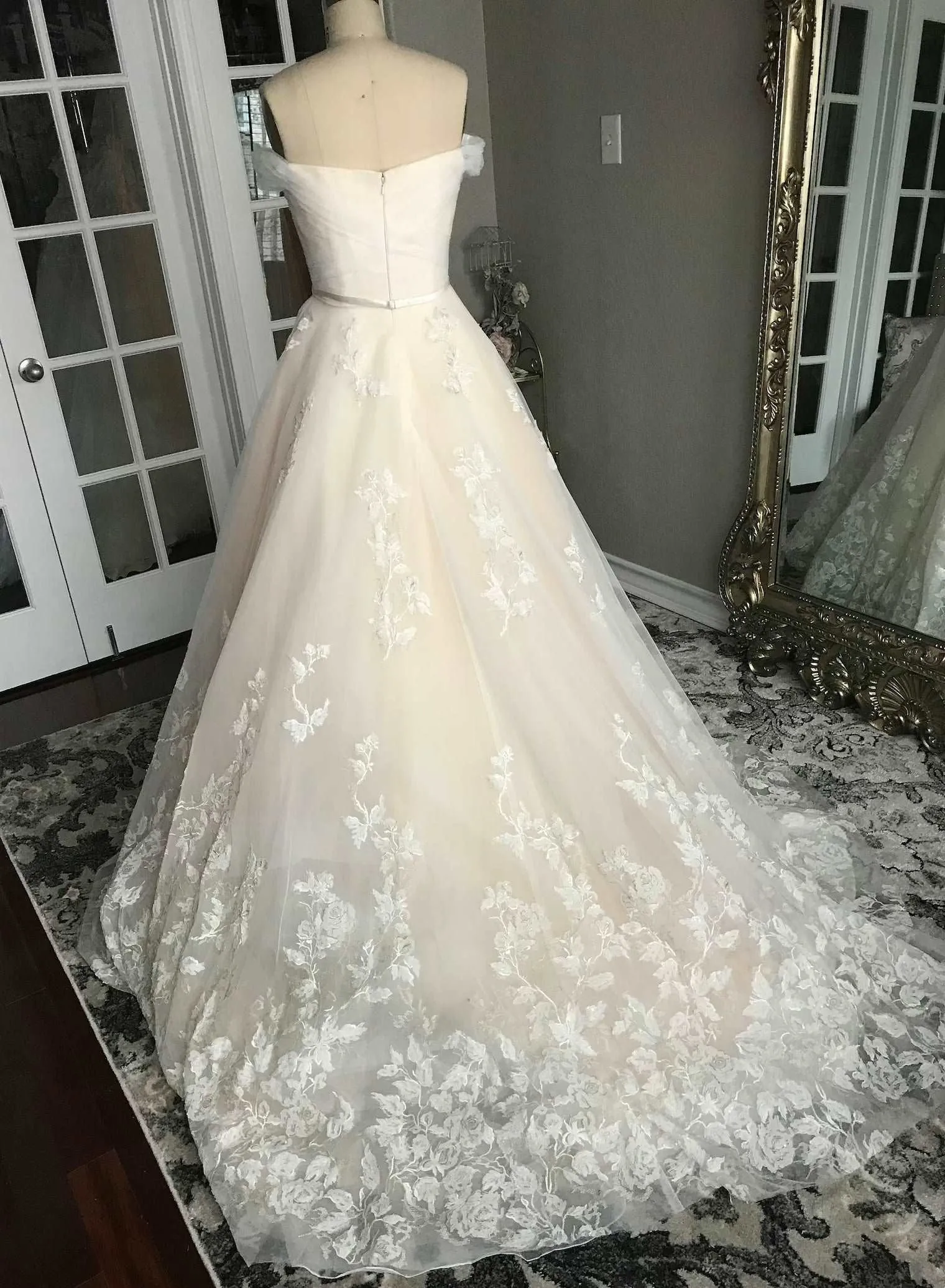 Off Shoulder Pleated Sweetheart Bodice with Floral Lace Full A-Line Wedding Dress | Bella