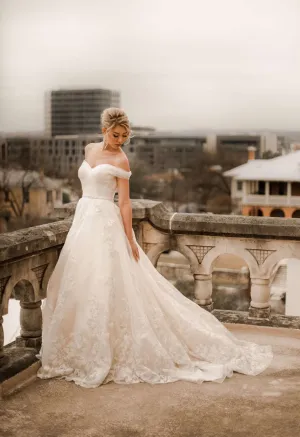 Off Shoulder Pleated Sweetheart Bodice with Floral Lace Full A-Line Wedding Dress | Bella
