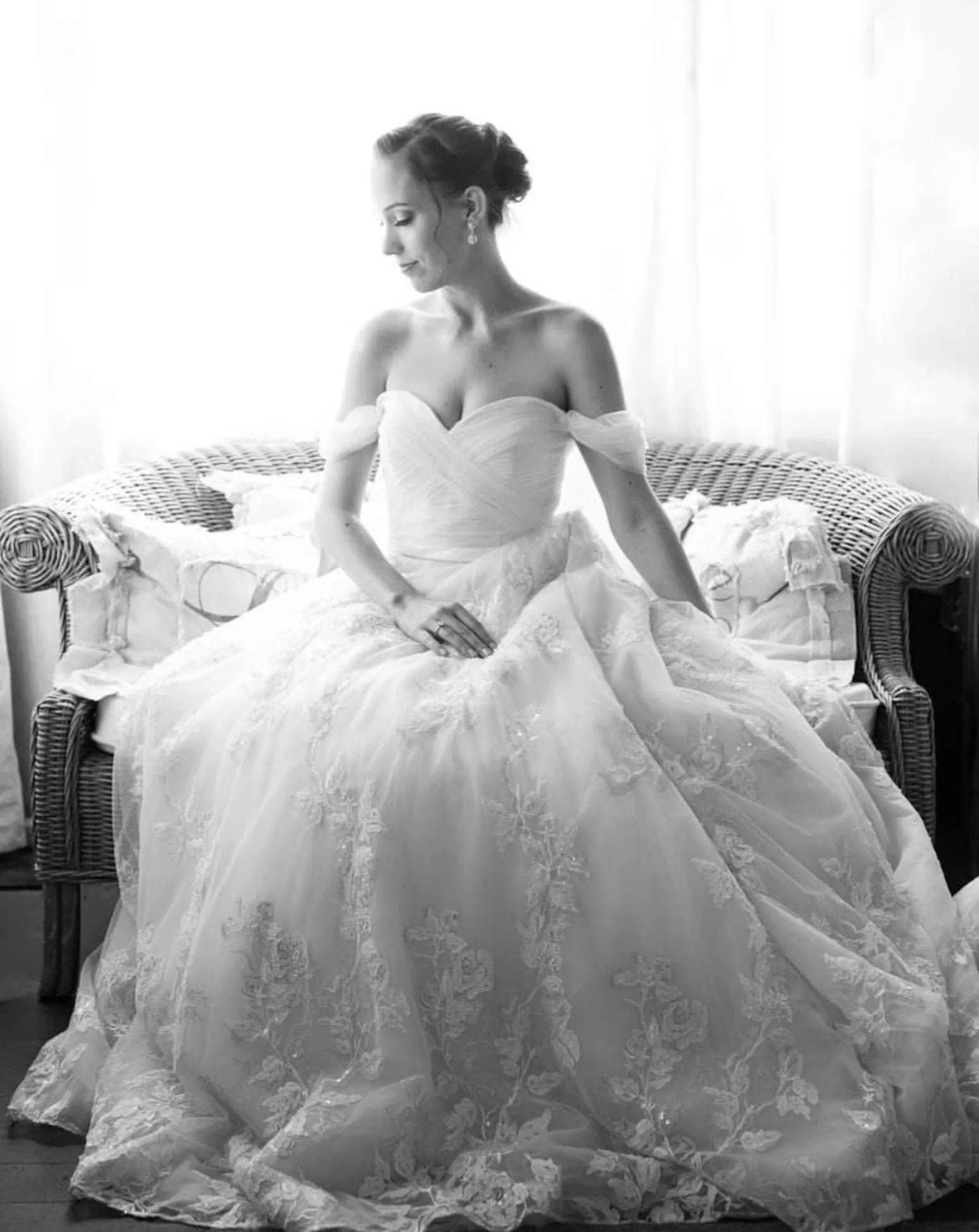 Off Shoulder Pleated Sweetheart Bodice with Floral Lace Full A-Line Wedding Dress | Bella