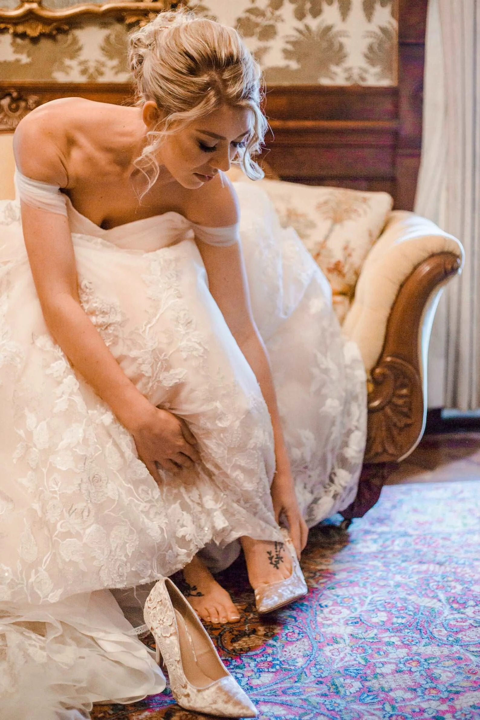Off Shoulder Pleated Sweetheart Bodice with Floral Lace Full A-Line Wedding Dress | Bella