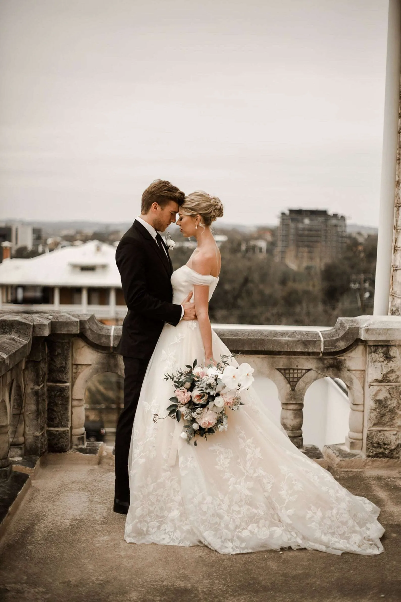 Off Shoulder Pleated Sweetheart Bodice with Floral Lace Full A-Line Wedding Dress | Bella