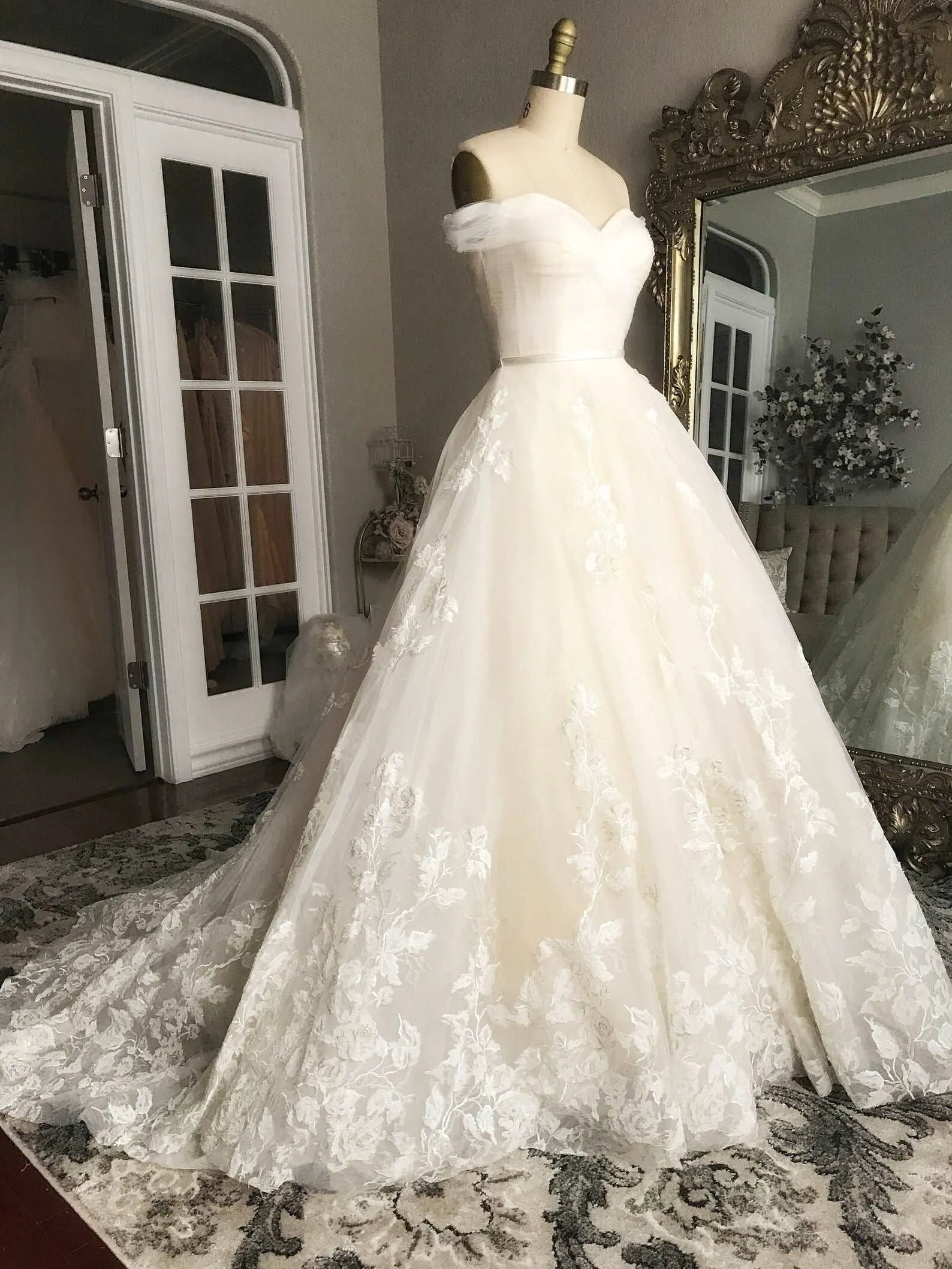 Off Shoulder Pleated Sweetheart Bodice with Floral Lace Full A-Line Wedding Dress | Bella