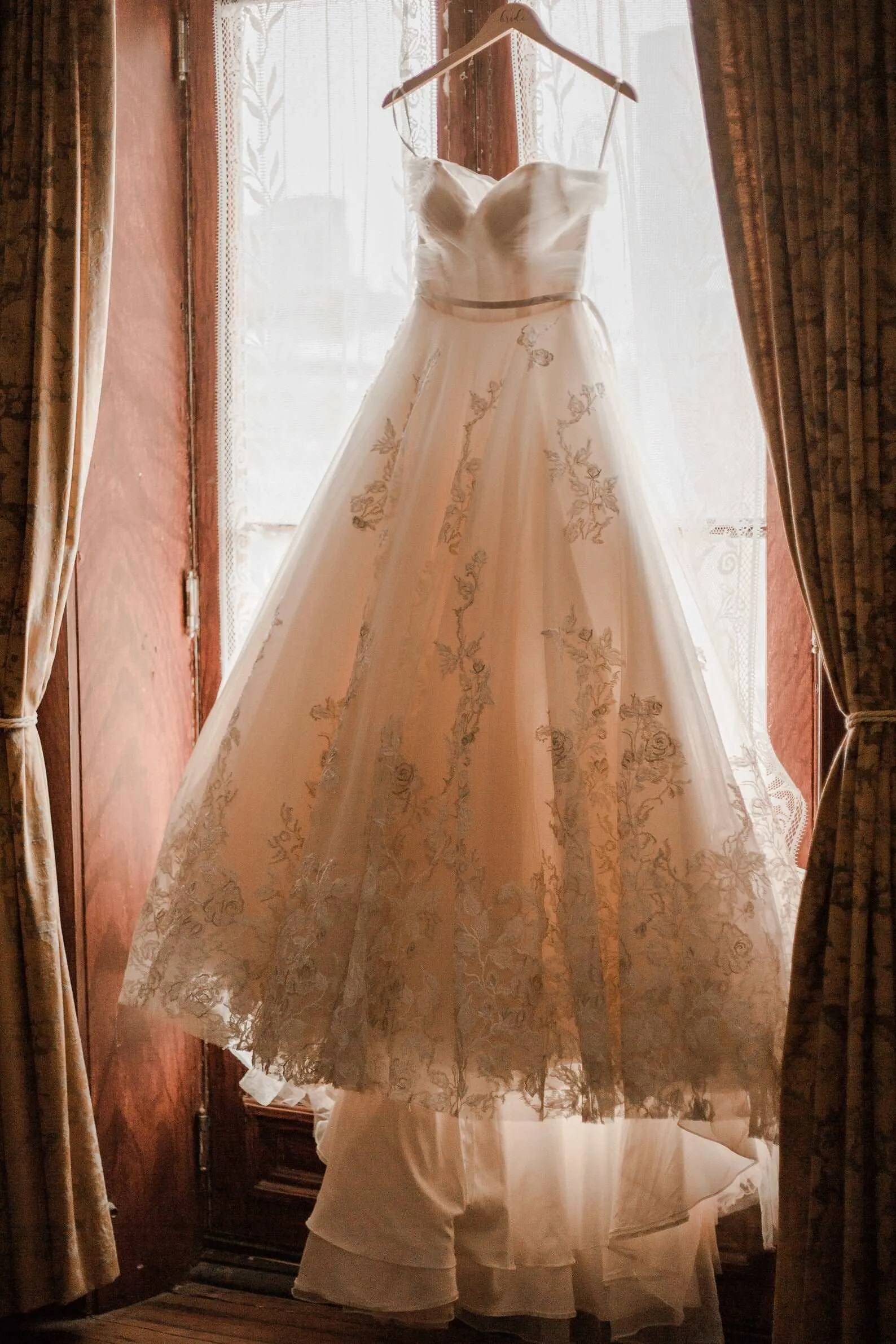 Off Shoulder Pleated Sweetheart Bodice with Floral Lace Full A-Line Wedding Dress | Bella