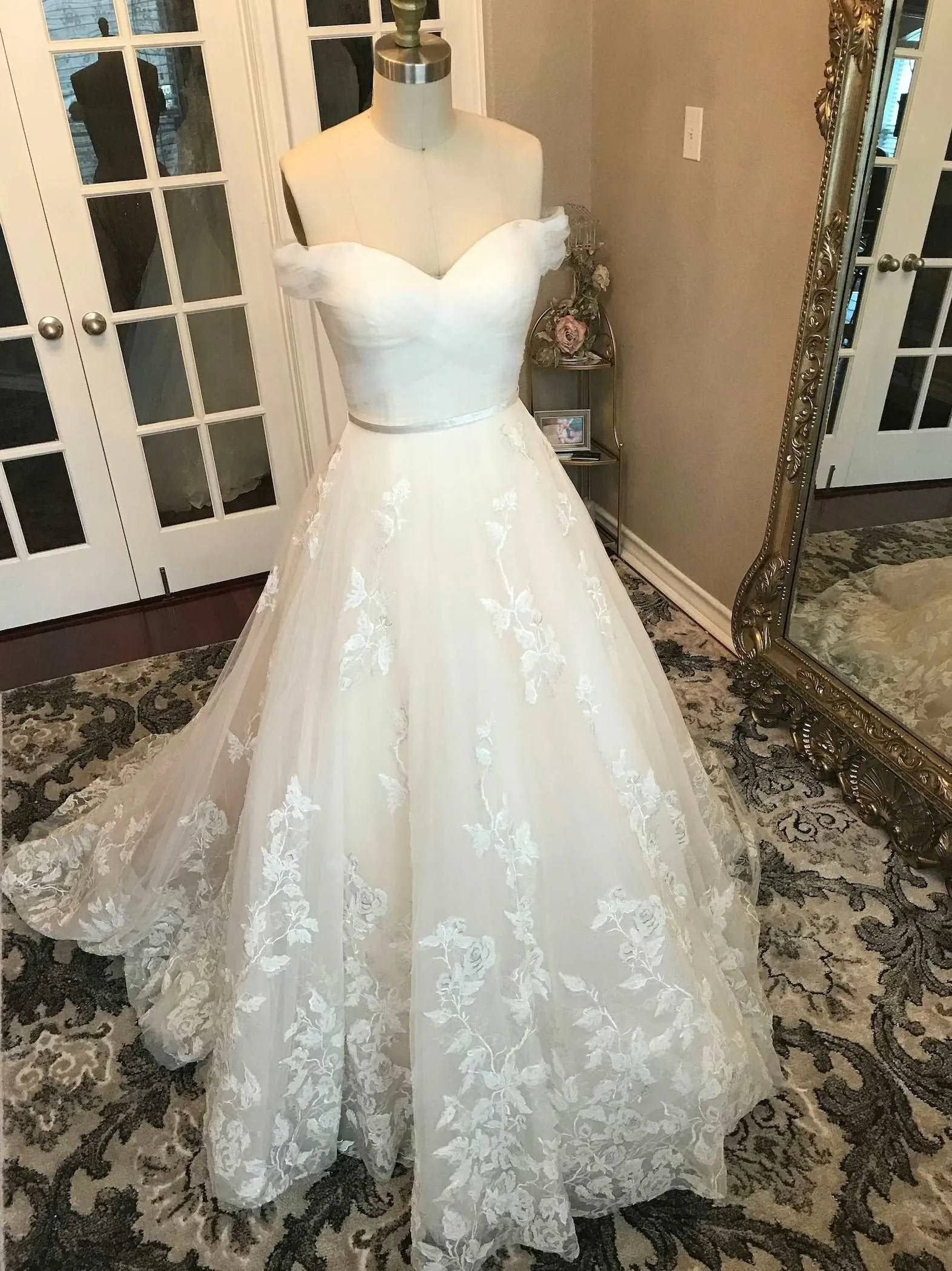 Off Shoulder Pleated Sweetheart Bodice with Floral Lace Full A-Line Wedding Dress | Bella