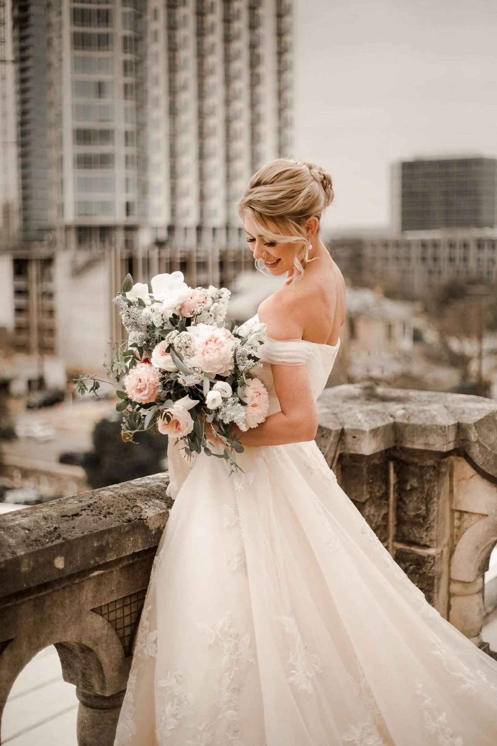 Off Shoulder Pleated Sweetheart Bodice with Floral Lace Full A-Line Wedding Dress | Bella
