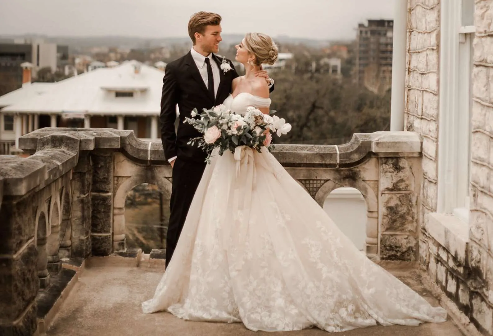 Off Shoulder Pleated Sweetheart Bodice with Floral Lace Full A-Line Wedding Dress | Bella