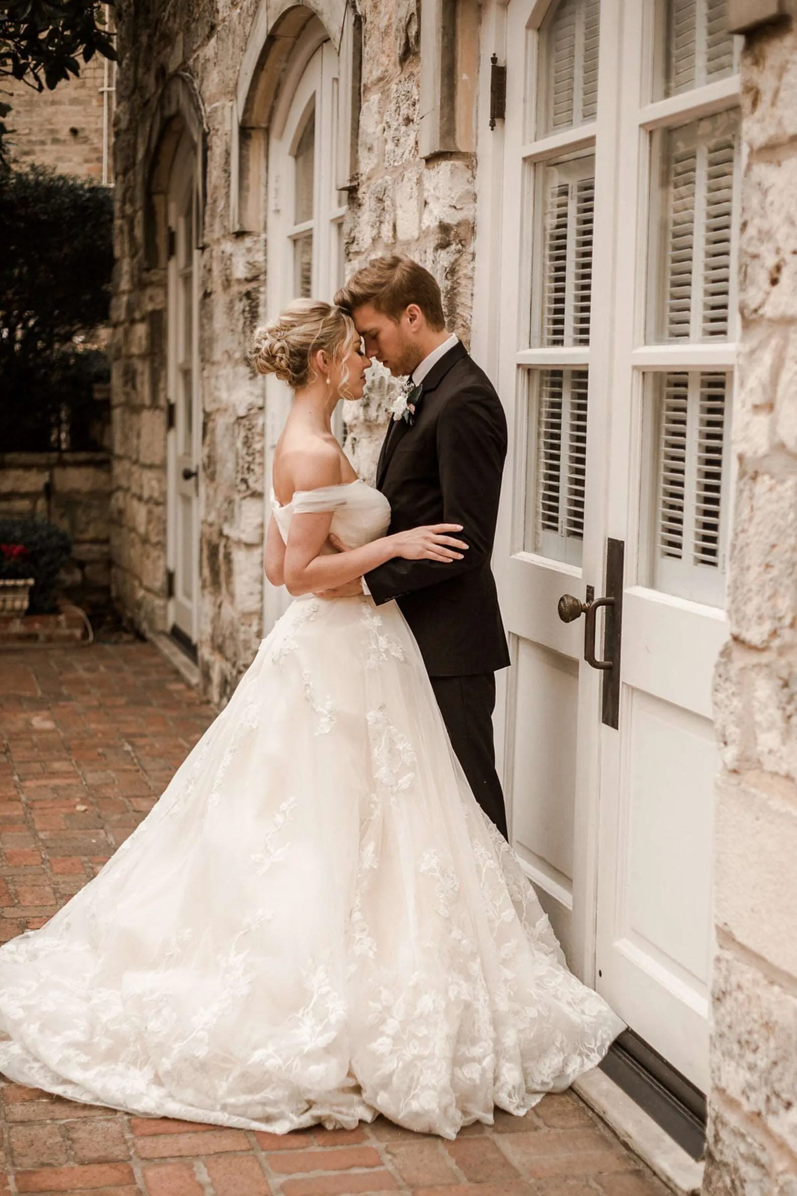 Off Shoulder Pleated Sweetheart Bodice with Floral Lace Full A-Line Wedding Dress | Bella