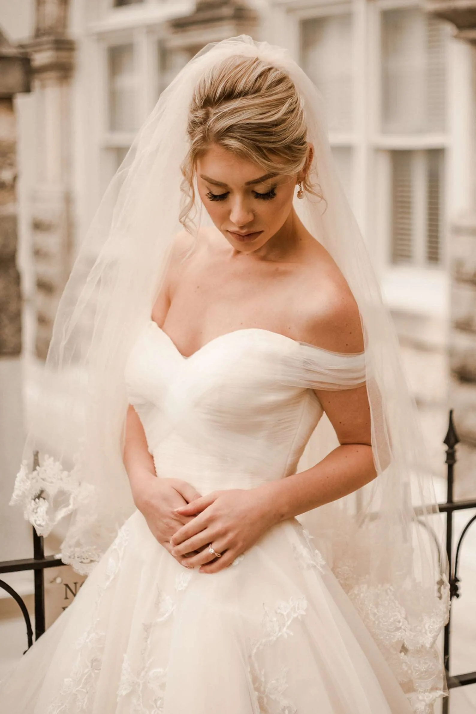 Off Shoulder Pleated Sweetheart Bodice with Floral Lace Full A-Line Wedding Dress | Bella