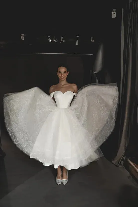 Off-Shoulder Shiny Wedding Dress Vestido De Novia Simple Court Train Dress Satin Mermaid Princess Bridal Gown Bow