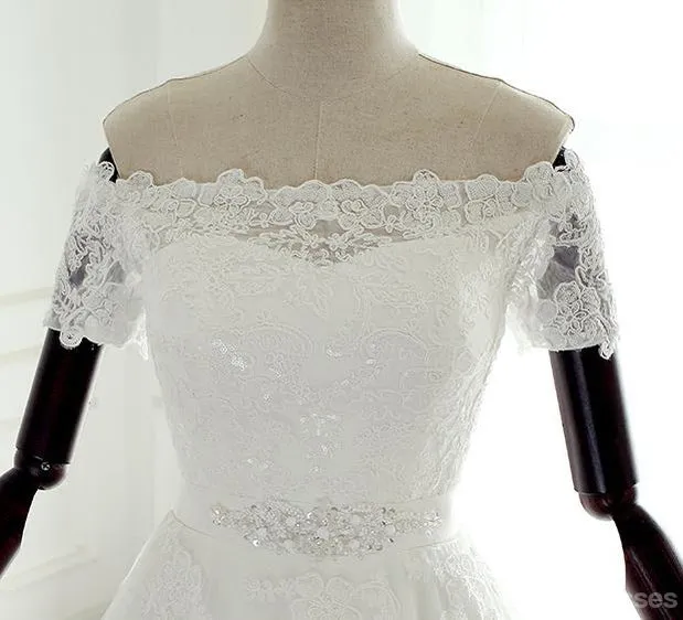 Off Shoulder Short Sleeve Lace Beaded A line Wedding Bridal Dresses, Custom Made Wedding Dresses, Affordable Wedding Bridal Gowns, WD256