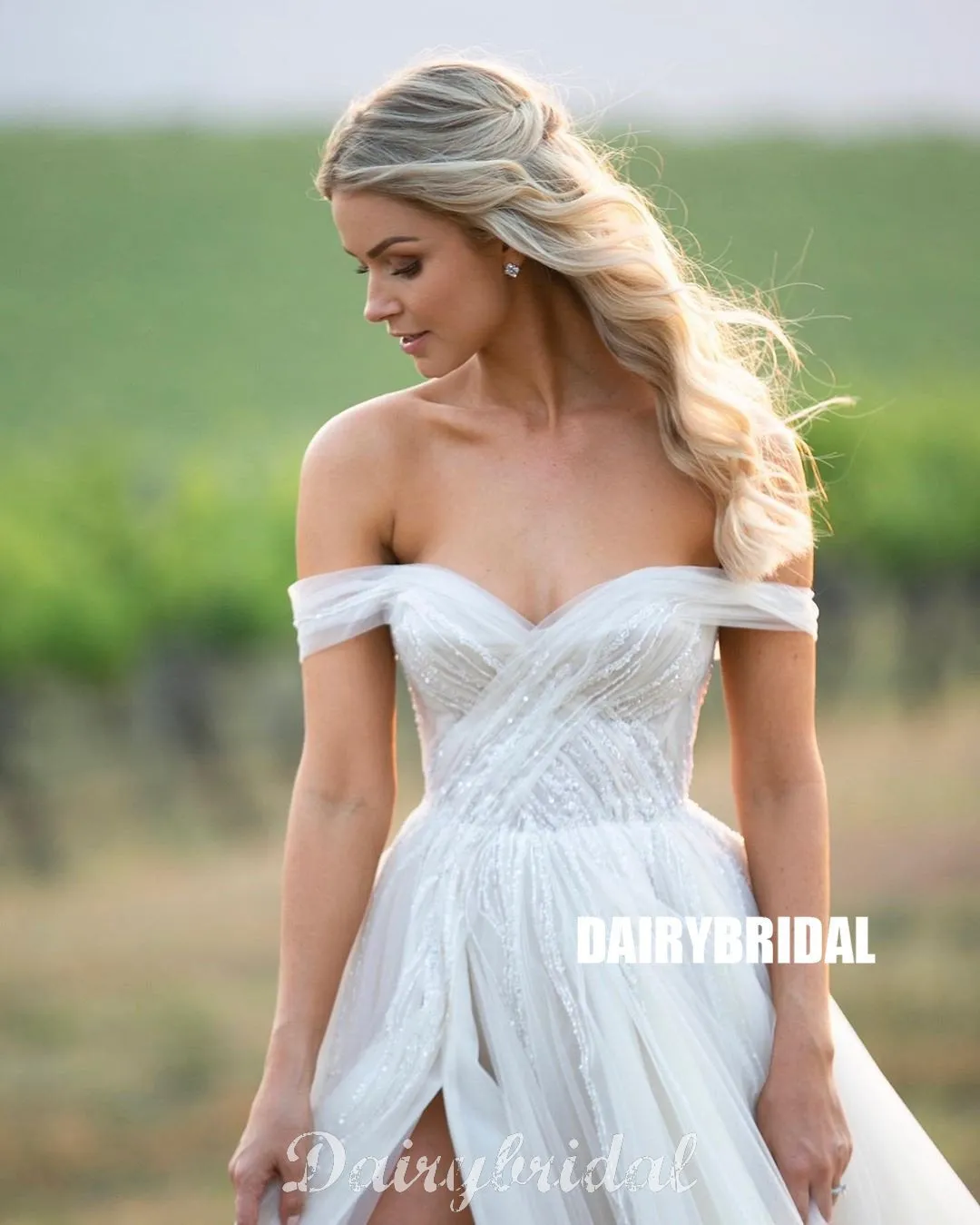 Off Shoulder Sparkle A-line Backless Tulle Sexy Slit Wedding Dress, FC4676