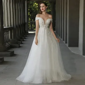 Off The Shoulder Ivory Boho Wedding Dresses For Women Bride A Line Chic Beading Bohemian Bridal Beach Gown Robes