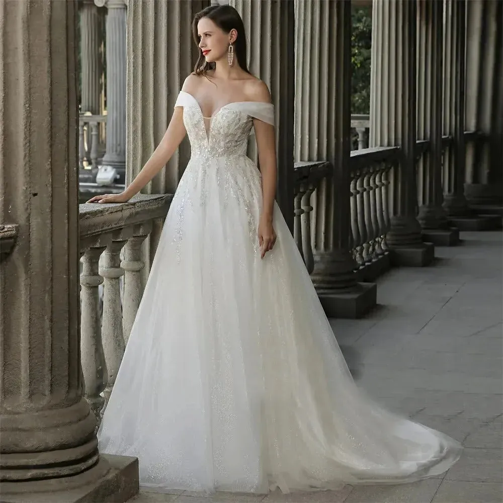 Off The Shoulder Ivory Boho Wedding Dresses For Women Bride A Line Chic Beading Bohemian Bridal Beach Gown Robes