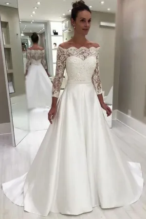 Off-the-shoulder Lace 3/4 Sleeve Wedding Gown with Satin Skirt