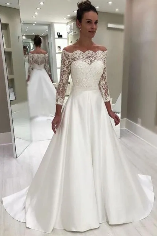Off-the-shoulder Lace 3/4 Sleeve Wedding Gown with Satin Skirt