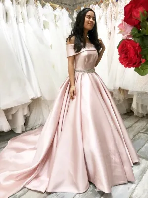 Off the Shoulder Pink Satin Long Prom Dresses with Belt, Off Shoulder Pink Formal Graduation Evening Dresses