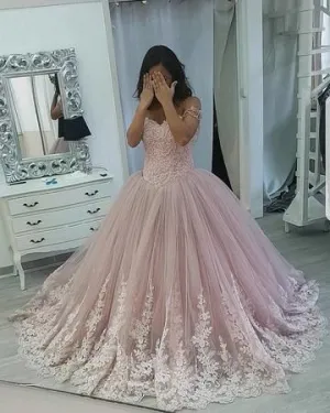off the shoulder prom dress ball gown 2020 lace appliqué elegant dusty pink beaded pageant dress for women