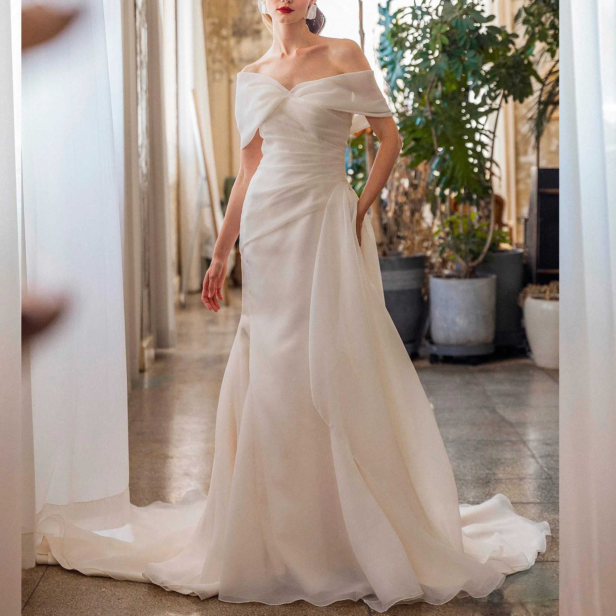 Off the Shoulder Ruched Organza Wedding Dresses