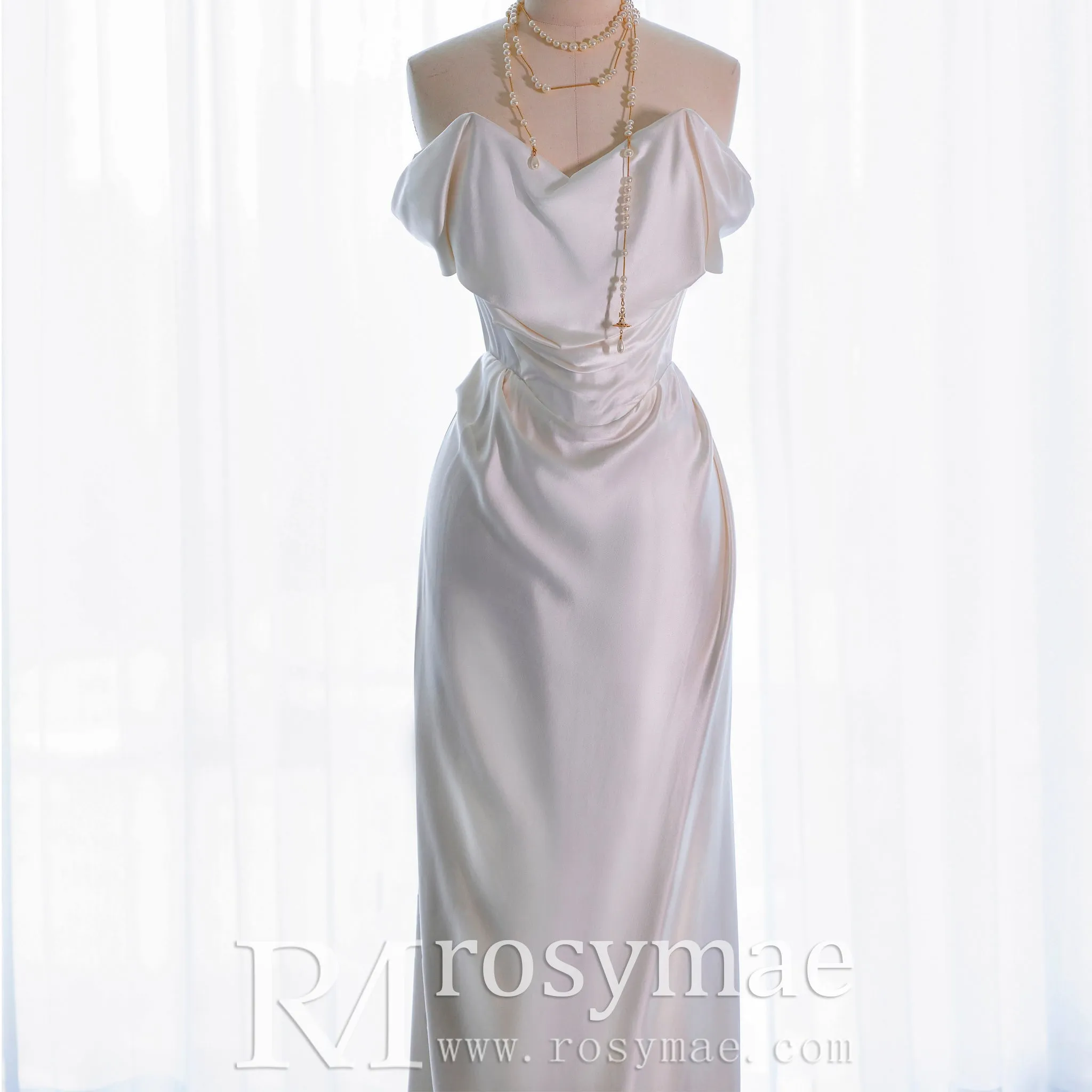 Off the Shoulder Sheath Wedding Dress with Brush Train