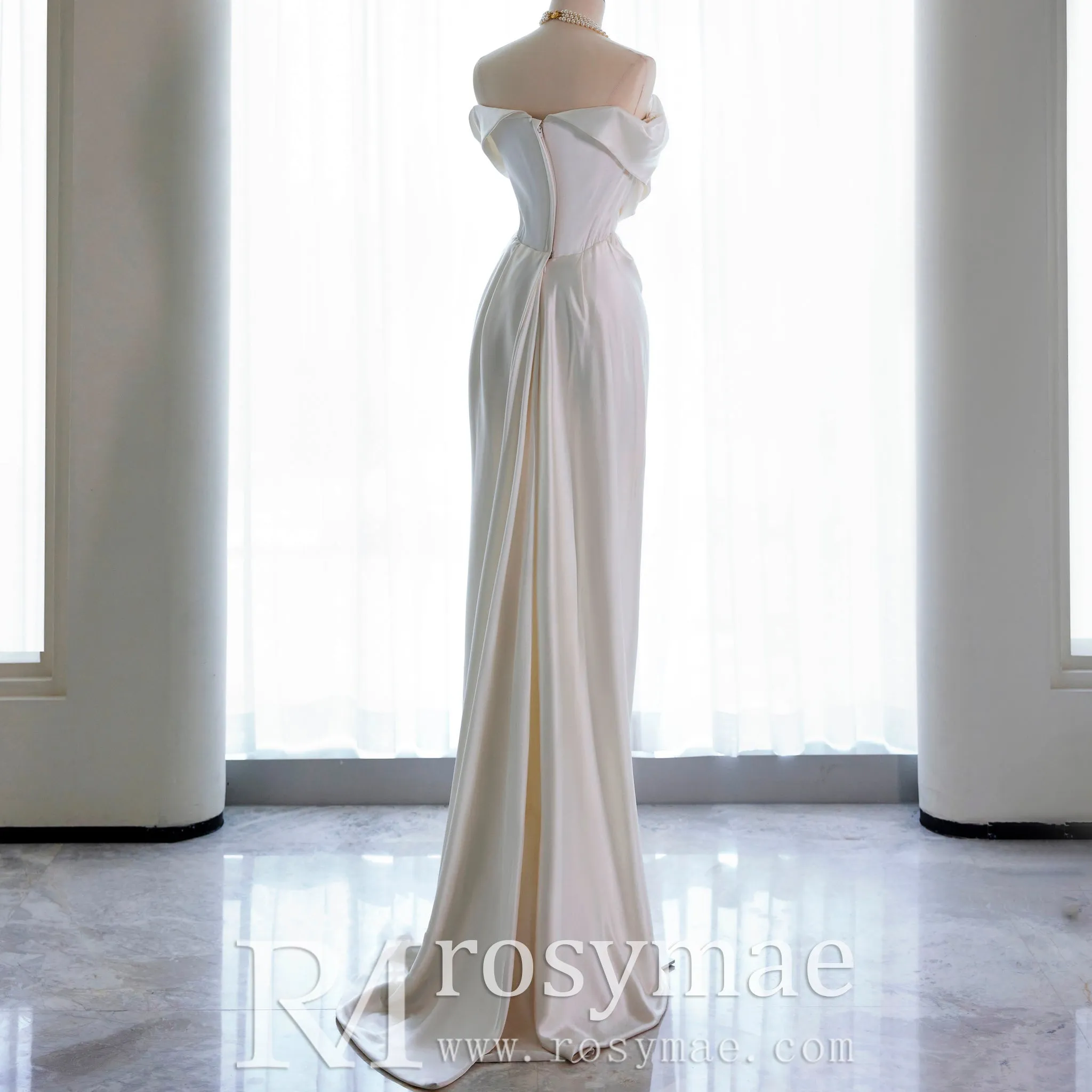 Off the Shoulder Sheath Wedding Dress with Brush Train