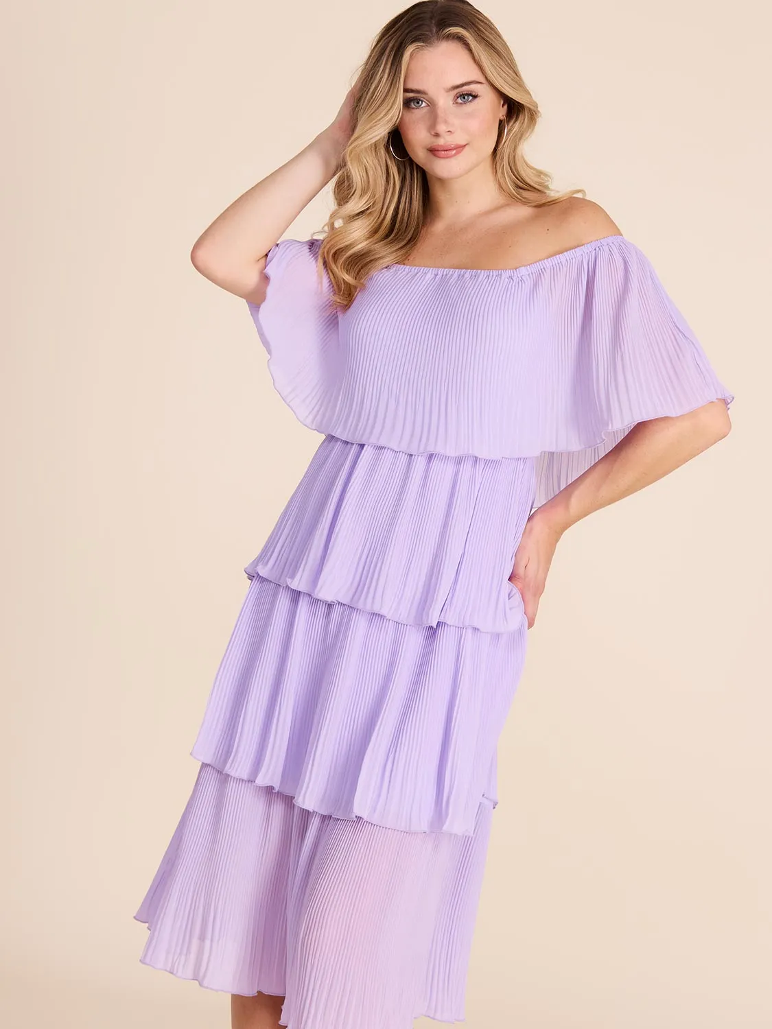 Off-The-Shoulder Tiered Pleated Dress
