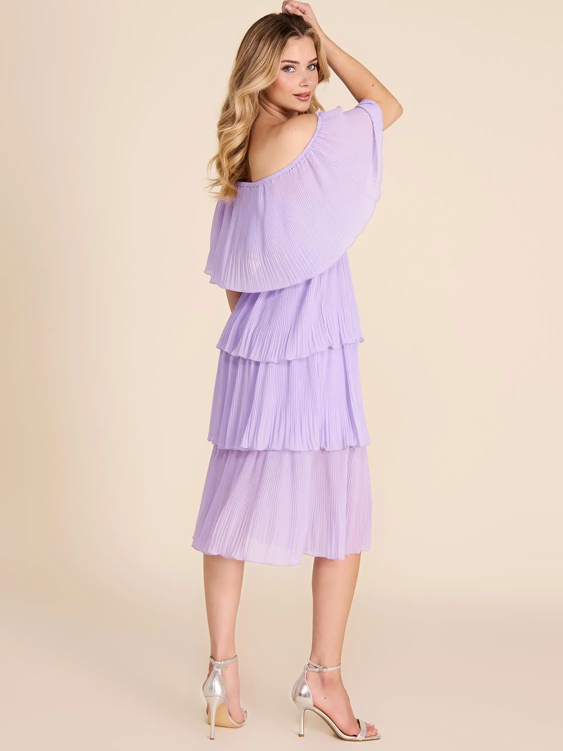 Off-The-Shoulder Tiered Pleated Dress