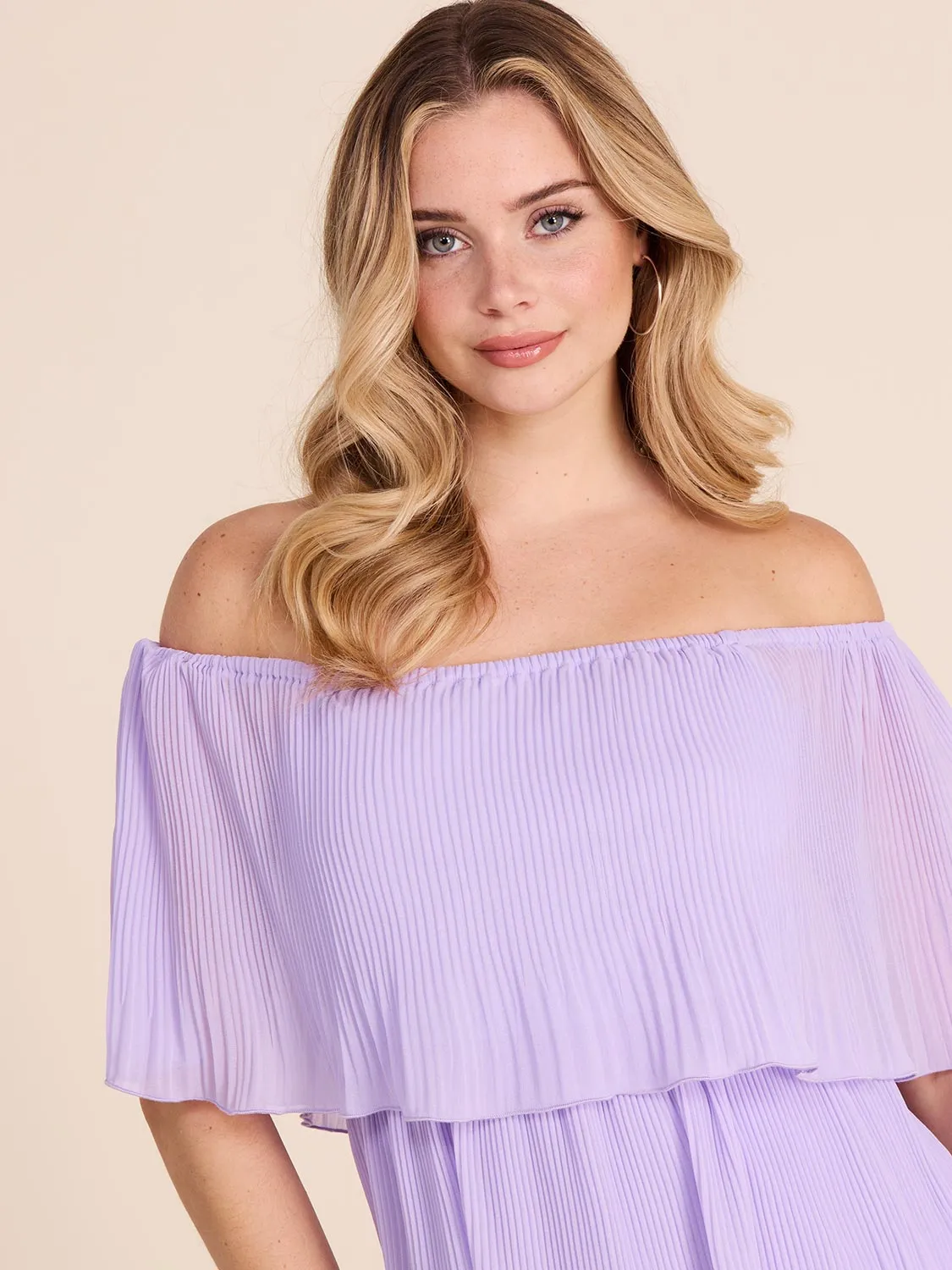 Off-The-Shoulder Tiered Pleated Dress