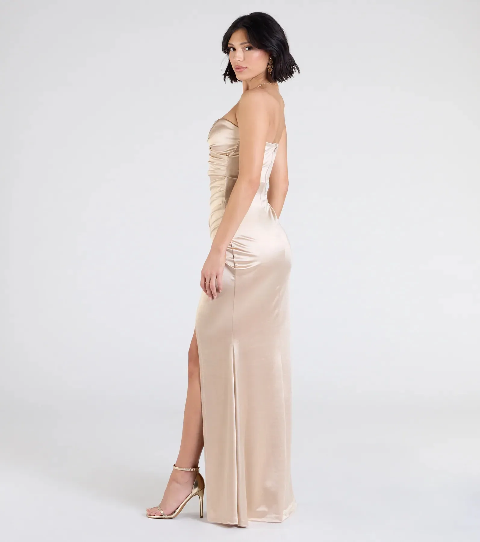 Olive Strapless Slit Mermaid Satin Formal Dress