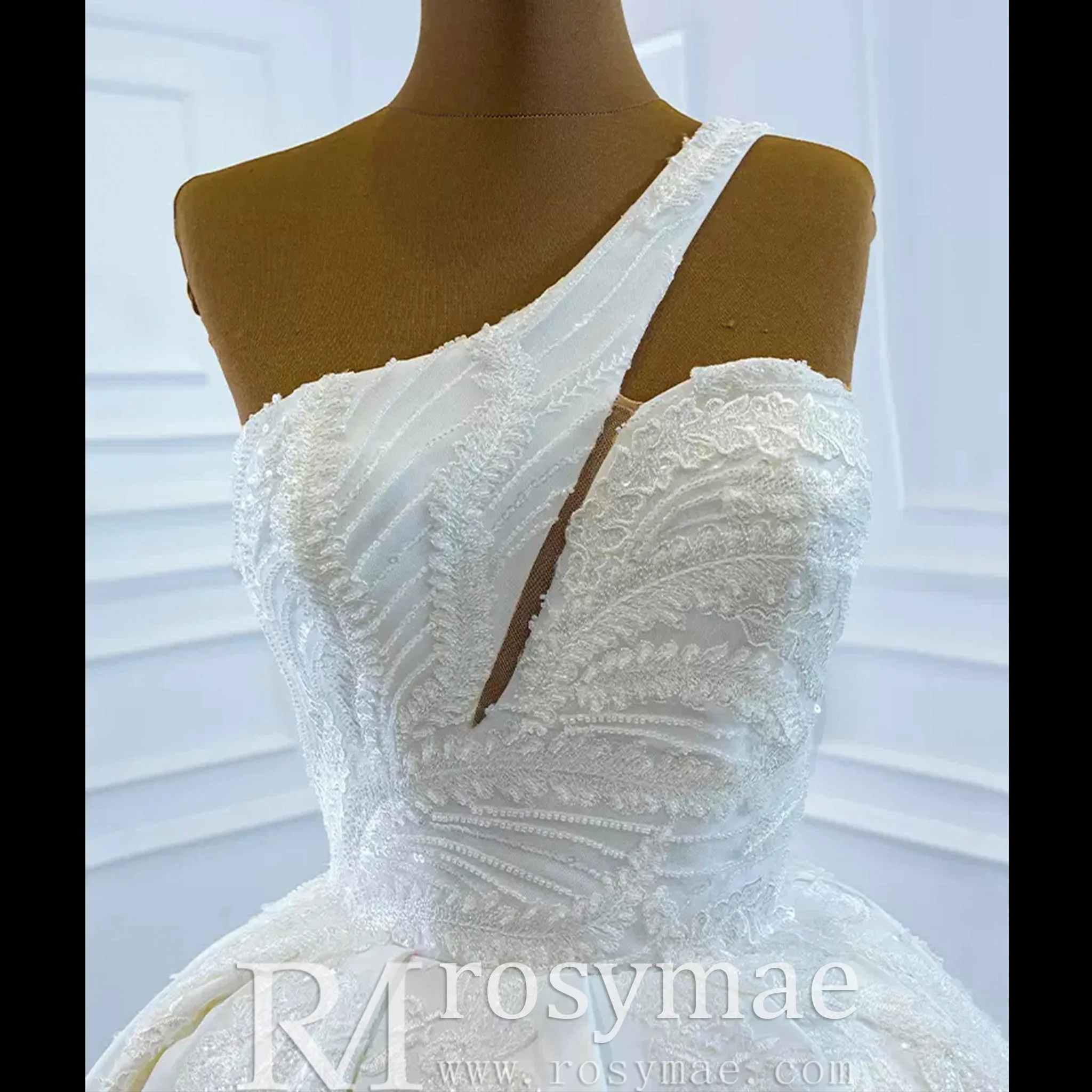 One Shoulder Ball Gown Wedding Dress Lace Appliqued Satin Bridal Gown