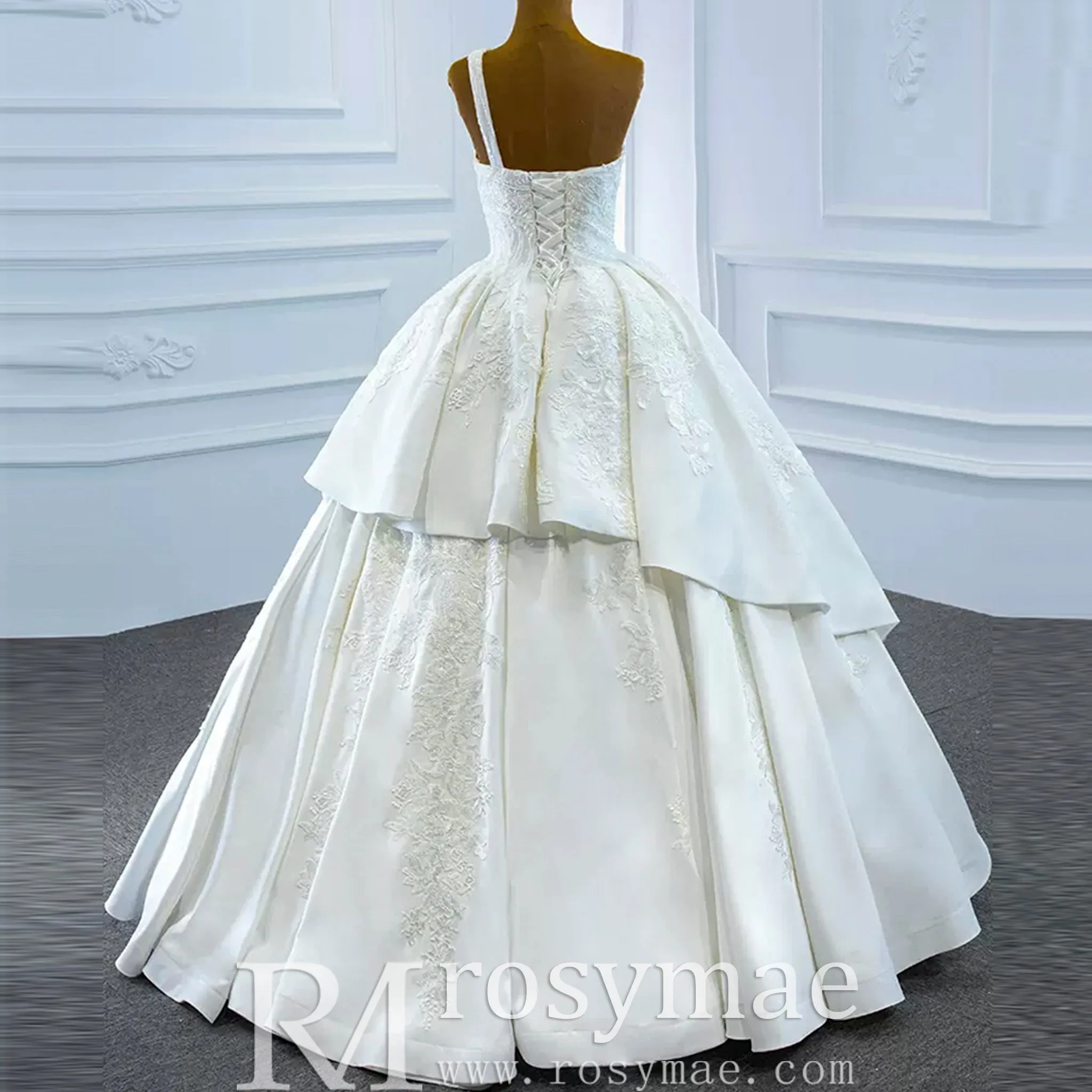 One Shoulder Ball Gown Wedding Dress Lace Appliqued Satin Bridal Gown