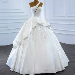 One Shoulder Ball Gown Wedding Dress Lace Appliqued Satin Bridal Gown