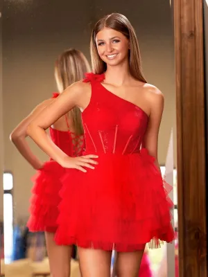 One Shoulder Lace Corset Ruffle Short Homecoming Dresses