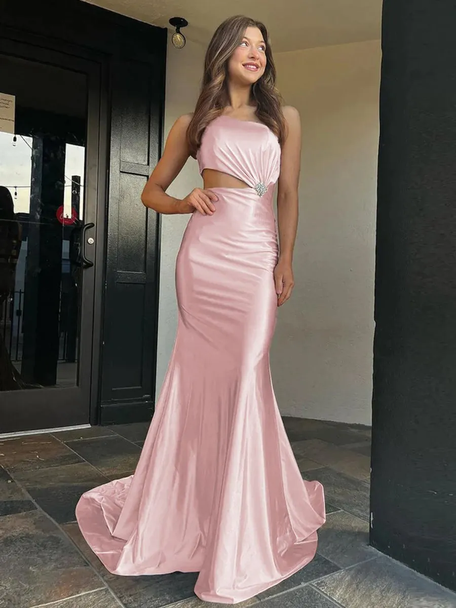 One-Shoulder Mermaid Satin Long Prom Dresses